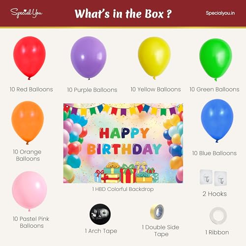 Image of SpecialYou.in Rubber Birthday Decoration Kit For Baby Girl Or Boy, Multicolor Balloons Decoration Kit With Multicolor Backdrop, Birthday Decor Items For Kids' Party- 76 Pcs