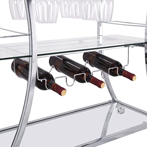 Rarzoe Silver Bar Cart, Home Bar Serving Cart, 3-Tier Kitchen Trolley With Glass Holder And Wine Rack, Mobile Wine Cart With Tempered Glass Shelves For Dining Room Kitchen, Silver #TOP3