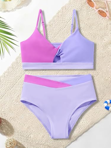 Image of Girls Swimsuit Color Block Twist Bathing Bikini Suit Adjustable Straps Girls 2 Piece Swimsuit 7-14 Years