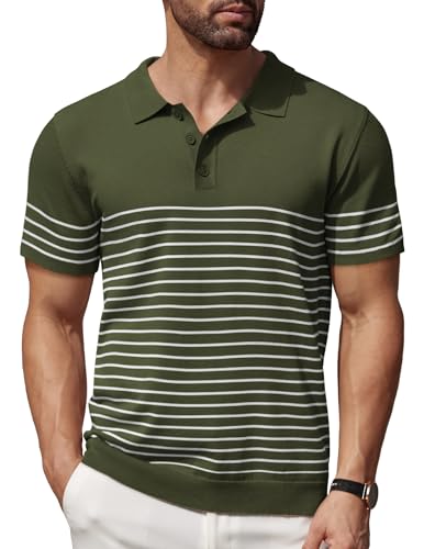 COOFANDY Polo de Manga Corta para Hombre de Punto a Rayas con Botones Polo Camisas de Golf