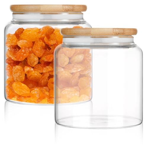 GOEDCH Juego de 2 tarros de cristal con tapa: 500 ml, tarros de almacenamiento de cocina con tapa de bambú hermética, juego de tarros para especias, café, cereales, nueces, especias, copos de maíz