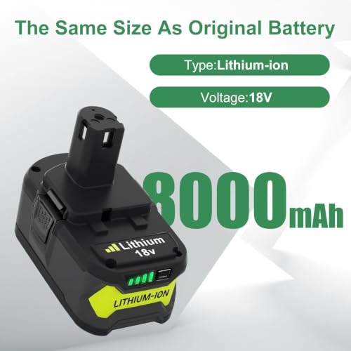 Image of Reoben 2PACK 8.0Ah Battery Replacement for Ryobi 18V Battery | Compatible with Ryobi Lithium Battery 18 Volt P102 P103 P104 P107 P108 P109 Cordless Power Tools(Green)