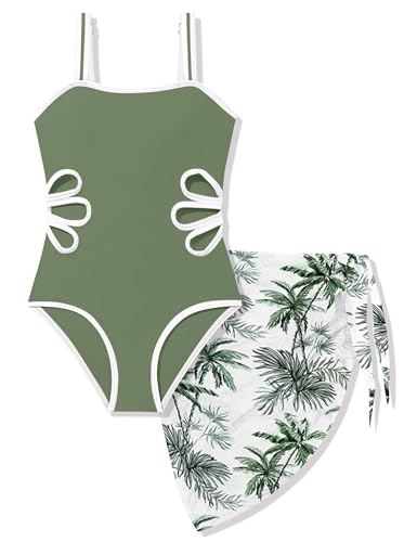 Image of 7-16 Years Girls Swimsuit 2PCS Adjustable Straps Cut Out One Piece Bathing Suit with Solid Color Cover Up Skirt