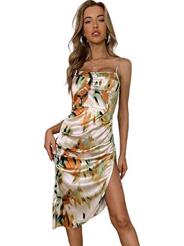 SOLY HUX Women's Spaghetti Strap Tie Dye Ruched Split Side Satin Midi Dress Multicoloured XS