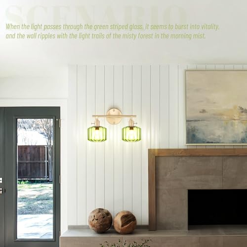 Image of Bathroom Vanity Lighting Mid Century Wall Sconce 2-Light Farmhouse Gold Brass Brushed Bathroom Wall Light Fixtures with Green Striped Hand Blown Glass Shade for Bedroom Living Room