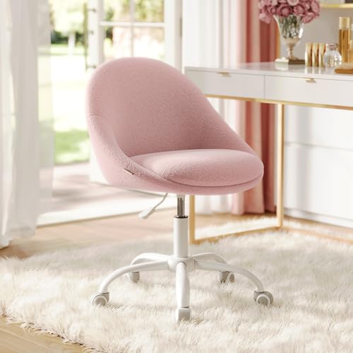 VASAGLE Vanity Chair with Back, Adjustable Swivel Cute Desk Chair with Wheels, Teddy Fleece for Lumbar Support, Compact for Small Spaces, Bedroom, Jelly Pink UOBG020R93 Jelly Pink Teddy Flee