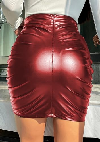 FLITAY Womens Sexy Faux Leather Slim Skirt Pleated Party Mini Skirt Solid Color Club Bodycon Skirts3