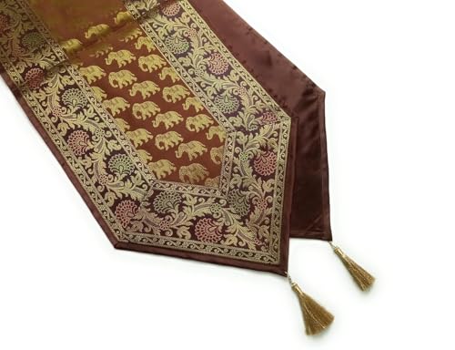 Image of Diwali Room Decor Silk Table Runner Placemats Tea Coaster Set for Living Room 4 to 6 Seater Dinning Table Table Mat Set Centre Table Top Decor Pack of 13 Pcs (Brown)