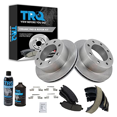 TRQ Rear Brake Pad & Rotor Kit Brake Chemical Kit Brake Pads Brake Rotor Parking Brake Shoe Set Ceramic Compatible with 2000-2005 Ford Excursion 1999-2004 F-250 Super Duty F-350 Super Duty