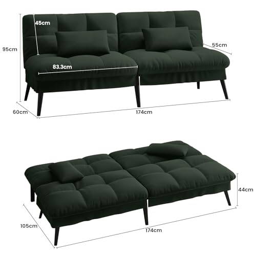 LUCKRACER Sofa 3 Sitzer Sofa Schlafsofa mit Schlaffunktion, überzug Futon Klappsofa, Bettcouch, ecksofa, Couch, 5 Verstellbare Winkel, Ideal für Wohnungen Wohnzimmer aus Stoff Grün