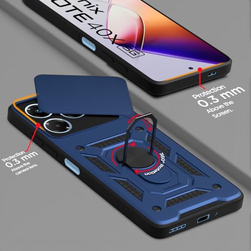 Image of Pikkme Back Cover for Infinix Note 40x 5G | 360 Protection Case | Sliding Camera Shield Cover & Ring Holder Stand D10 Tough Armor Bumper Case (Blue)