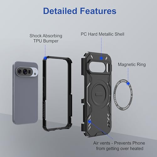 Image of amazon basics Back Case Cover for Google Pixel 10 | Magnetic Case with Built-in Metal Ring | Supports MagSafe Charger, Wallet & Car Mount | Shockproof Hybrid PC + TPU | Black