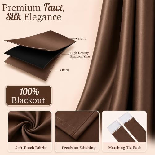 Image of 100% Blackout Window Curtains, 5 Feet, Solid Design, Faux Silk, Thermal Insulated, Noise Reducing Eyelet Door Curtain with Tie Back for Living Room & Bedroom, 115x150cm, Pack of 1 - Coffee