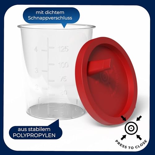 Horn Medical Urinbecher/Probenbecher mit Schnappverschluss 150ml Fassungsvermögen, Maßtabelle bis 125ml/4oz, beschriftbar (25)