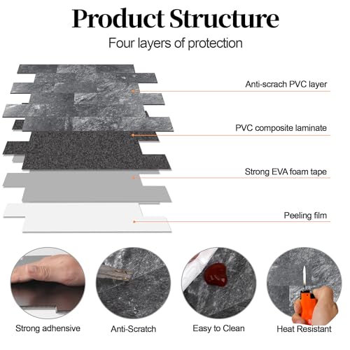 OYASIMI 5 Blatt abziehen und aufkleben Stein Backsplash, Fliesen zum Aufkleben für Backsplash-Küche, Badezimmer, Kamin (30.5 x 30.5cm, Dark Rock)