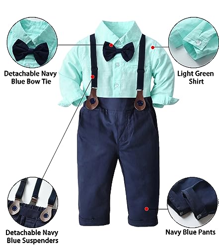 Image of SANGTREE Boys Gentleman Clothes Set, Short Sleeve Shirt with Bowtie + Suspender Pants Outfit, 3 Months - 6 Years