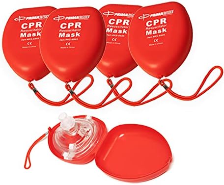 Primacare RS-6845-5 Pack of 5 Single Valve CPR Rescue Mask in Red Hard Case, Adult/Child Pocket Resuscitator with Elastic Strap, Air Cushioned Edges, 6.5x4.8x1.6 inches