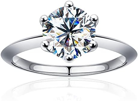 Moissanite Rings for Women, D Color Round Solitaire Lab Created Diamond Ring 18K White Gold Plated 925 Sterling Silver 6 Prong Moissanite Engagement Ring