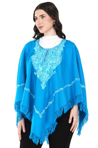 Image of Premium Women's Kashmiri hand embroidery floral woollen poncho Indian cape wrap shrug Free size
