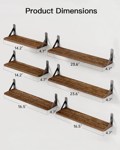 Image of AMADA HOMEFURNISHING Long Wall Shelves, Rustic Farmhouse Style, Wood Floating Shelves for Wall Decor, Bathroom & Bedroom Storage, Living Room Book Shelves, Brown - 6pcs