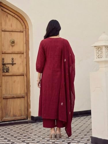 Image of ANNI Designer Kurta Set for Women Viscose Embroidered | Kurti Set for Woman | A Line Kurta Palazzo Dupatta 3 Piece Outfit | V Neck 3 /4 Sleeve Regular Fit Ethnic Dress Stylish Clothing