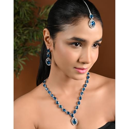 Image of I Jewels Silver Plated Stylish Design Crystal Diamond Necklace With Earrings & Maang Tikka Jewellery Set for Women