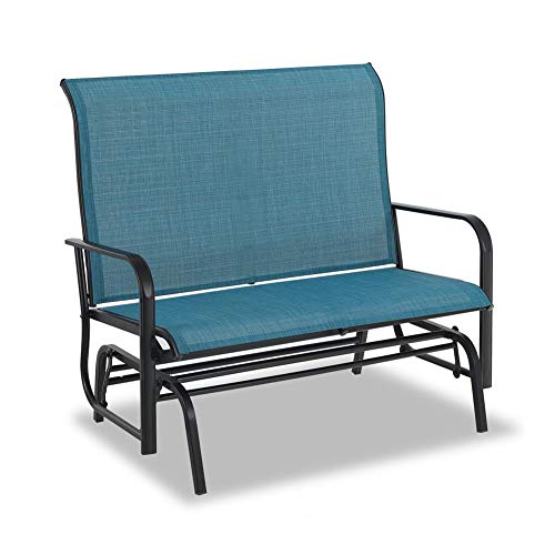 PHI VILLA Outdoor Glider Rocking Bench Chair Clearance for 2 Person, Patio Loveseat Gliders with 42' High Back for Outside Lawn Garden Deck, Blue
