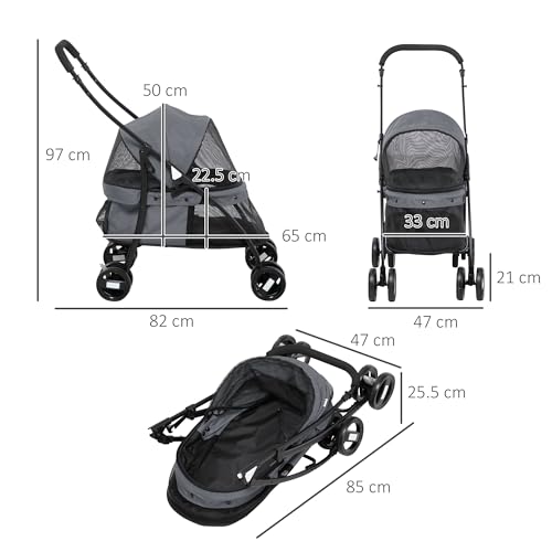 PawHut Faltbarer Hunde-Kinderwagen mit verstellbarem Verdeck, Tasche und 2 Leinen, Oxford-Gewebe und Stahl-Kinderwagen, 82x47x97 cm, Grau und Schwarz