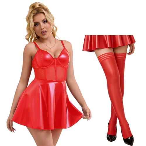 Robe en cuir PU rouge à armatures pour soirée romantique et bas assortis