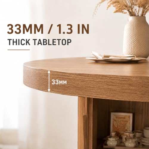 Image of Modern Round Dining Table Set for 4, 43.3 inch Walnut Wood Kitchen Table with 4 Black PU Leather Chairs, Mid-Century Circular Dinner Table with Heavy-Duty Iron Pedestal Base, Small Space Furniture