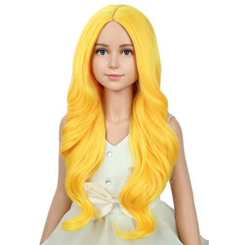 Image of PATTNIUM Yellow Wig for Kids Girls Long Wavy Curly Wig Yellow Middle Part Wigs Synthetic Costume Halloween Cosplay Wigs