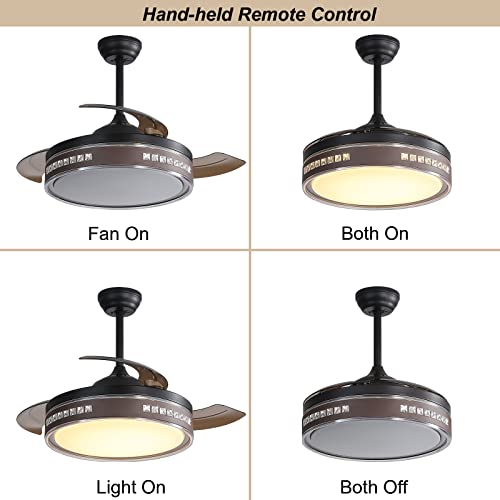 Image of 42 Inch Modern Retractable Ceiling Fan with Lights Remote Control, Smart Ceiling Fan Bladeless for Bedroom, 3 Invisible Blades Chandelier Ceiling Fans with 5 inch /10 inch Downrod and 1 /2 /4 Timer