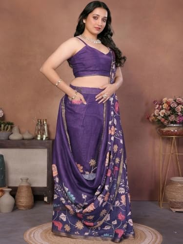 Image of SAMANTHA Black Floral Print Ready to Wear Linen Saree with Pocket & Adjustable Belt