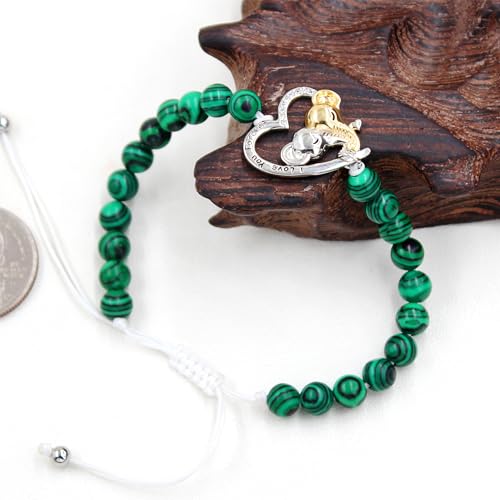 Image of Double Elephant Heart Charm Natural Crystal Bracelet, Treatment Stone Bracelet Calm Stretch Bracelet Women's Stress Relief Gift for Moms I Love You Couple Jewelry