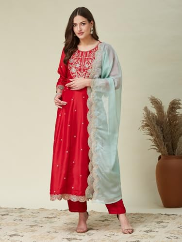 Image of MOKOSH Women's Silk Embroidered Anarkali Kurta And Pant With Dupatta Set