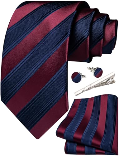 Ailisus Mens Burgundy Navy Blue Striped Tie and Pocket Square Set Silk Necktie Handkerchief Cufflinks Tie Clip Business Formal