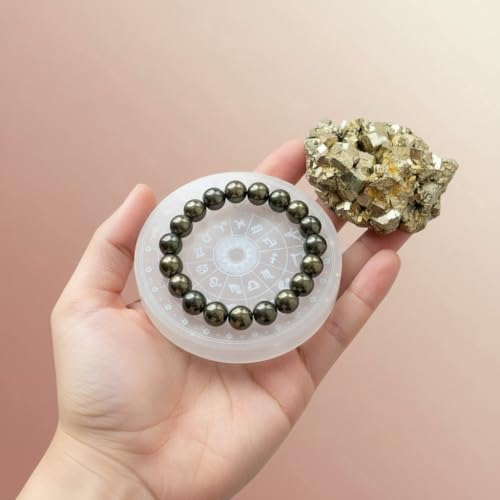 Image of Selenite Charging Plate with Pyrite Stone & Bracelet Set | Wealth & Business Luck, Reiki & Vastu, Crystal Charging, Negative Energy Cleansing
