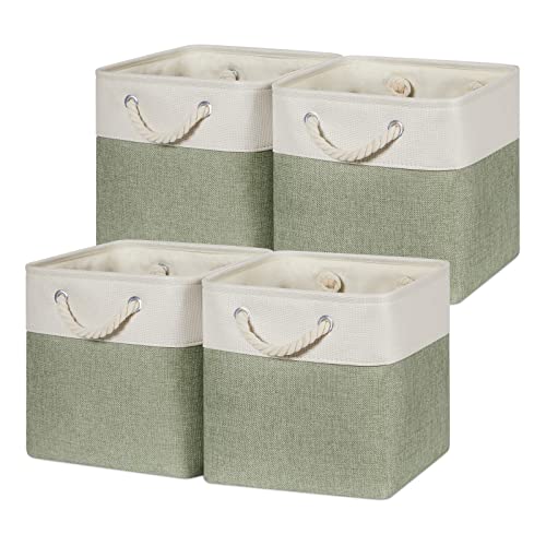 Image of Temary Cube for Shelves 11 Inch Bin 4Pack Fabric Storage Baskets for Organizing Toys, Clothes, Decorative Baskets with Rope Handles (White&Green)
