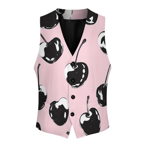 Black Cherries Cow Print Casual Suit Vest for Men Formal Business Dress Regular Fit Waistcoat Tuxedo3