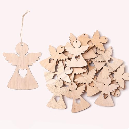 HERZONE 50 colgantes de madera con forma de ángel de la guarda, amuleto de la suerte, decoración navideña (ángel marrón con corazón)
