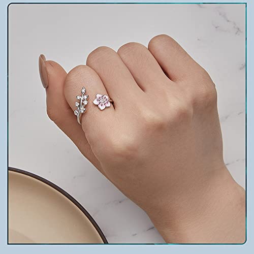 Pink Cherry Blossoms Open Adjustable Ring S925 Sterling Silver Hypoallergenic Imitation Crystal Wedding Rings Promise Love Engagement Statement Imitation Cubic Zirconia Flower Jewelry for Women Bff3
