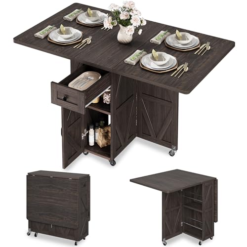 Jocoevol Mesa De Comedor Plegable con Ruedas, Mesa De Cocina con 1 Cajón Y 2 Áreas De Almacenamiento, Adecuada para 2-4 Personnas, para Espacios Pequeños, Comedor Y Cocina (Nogal Oscuro)