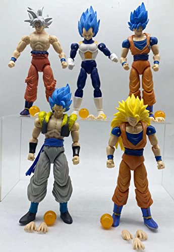 POQUAN 5 Pcs Anime Dragon Balloon 6 Inch Action Figures with Accessories,Goku Articulated Toy Set (Blue Goku)