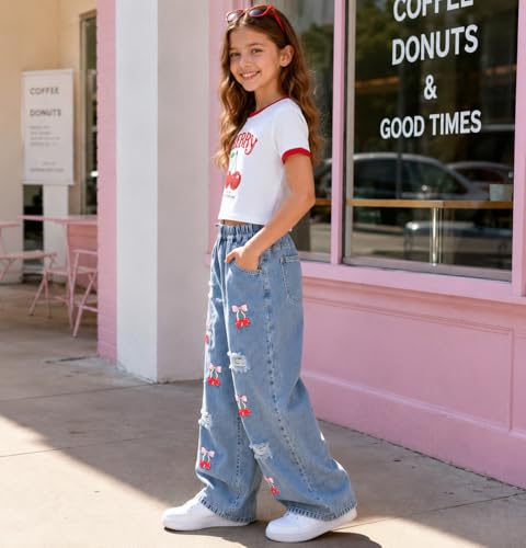 Image of Azmxynol Tween Girl Clothes Short Sleeve Top + Butterfly Design Jeans 2 Pieces Spring Summer Outfit Set, Size 6-14 Years