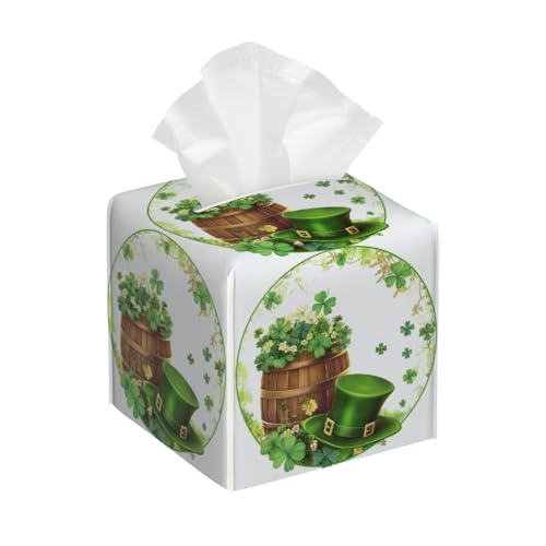 Funda cuadrada para caja de pañuelos de piel sintética, diseño de duende del día de San Patricio, organizador facial de hojas de la suerte, dispensador para mesa del hogar, tocador de baño, dormitorio