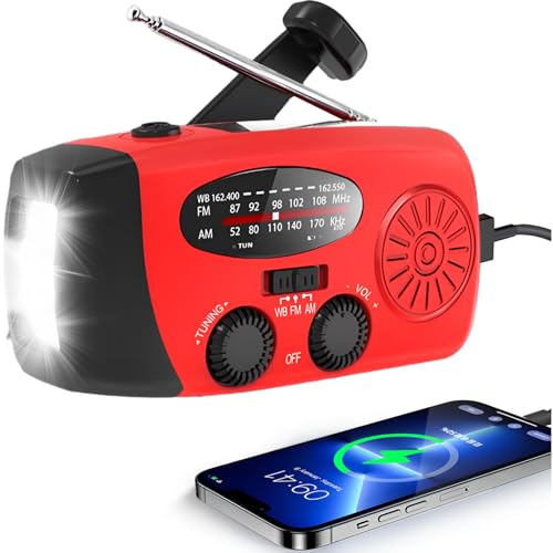 Emergency Radio Hand Crank, NOAA Weather Radio with 2000mAh Battery Operated, Solar Radio Flashlight, LED Reading Lamp, SOS Alarm for Home, Outdoor Emergencies