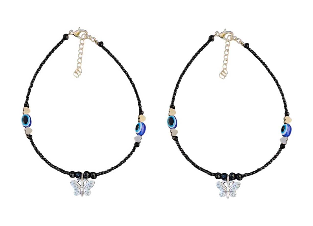 nice life collections Evil Eye Butterfly Anklet, Black Beaded Chain with Blue Glass Beads, Silver Charm Anklet for Women & Girls Pack of 1 Pair-picture-39