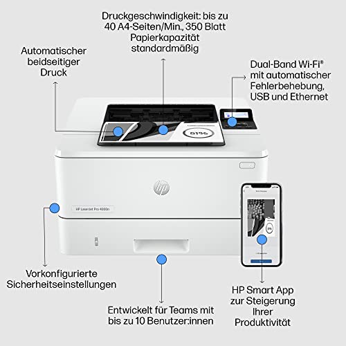 HP LaserJet Pro 4002dn Laserdrucker, Automatischer beidseitiger Druck, Hohe Druckgeschwindigkeit, Hi-Speed USB, Ethernet, Smart App… – Ansicht 3