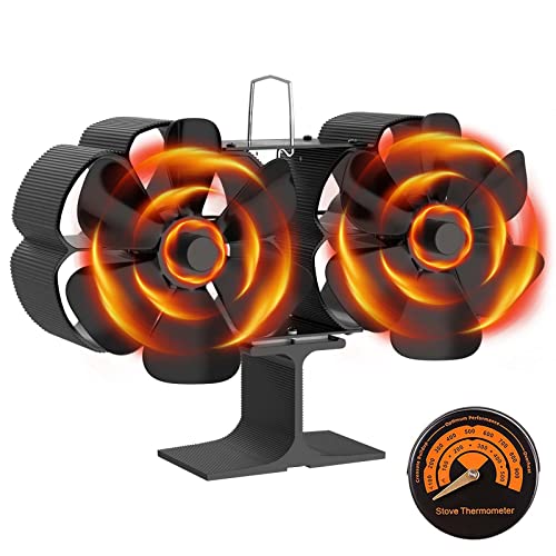IMAYCC Kaminventilator - Ofenventilator mit Zwei Motoren, 12 Blättern, Kein Strom Erforderlich, Wärmegetriebener Ofenventilator, Effektive Brennstoffeinsparung, für Holzofen, mit Thermometer Cover