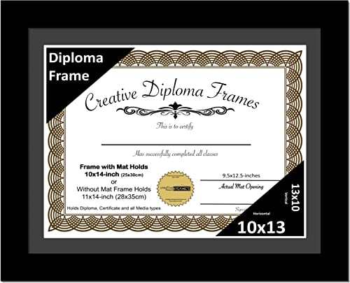 Creative Picture Frames 10x13 Modern Black Diploma Frame with Black Mat including Glass | Frame Holds 11x14 Media without Mat